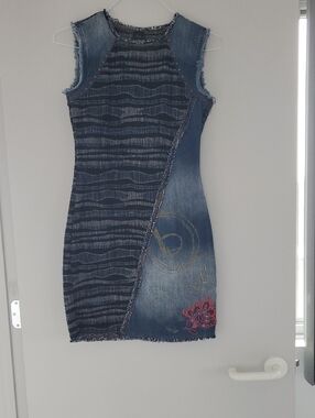 Desigual Blue Denim Patchwork Sleeveless Mini Dress with Pink Accent
